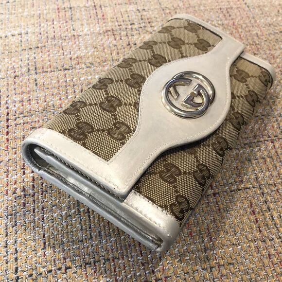 GUCCI GG Full Length Canvas & Silver Gold Leather Wallet GG Clasp - Picture 5 of 17